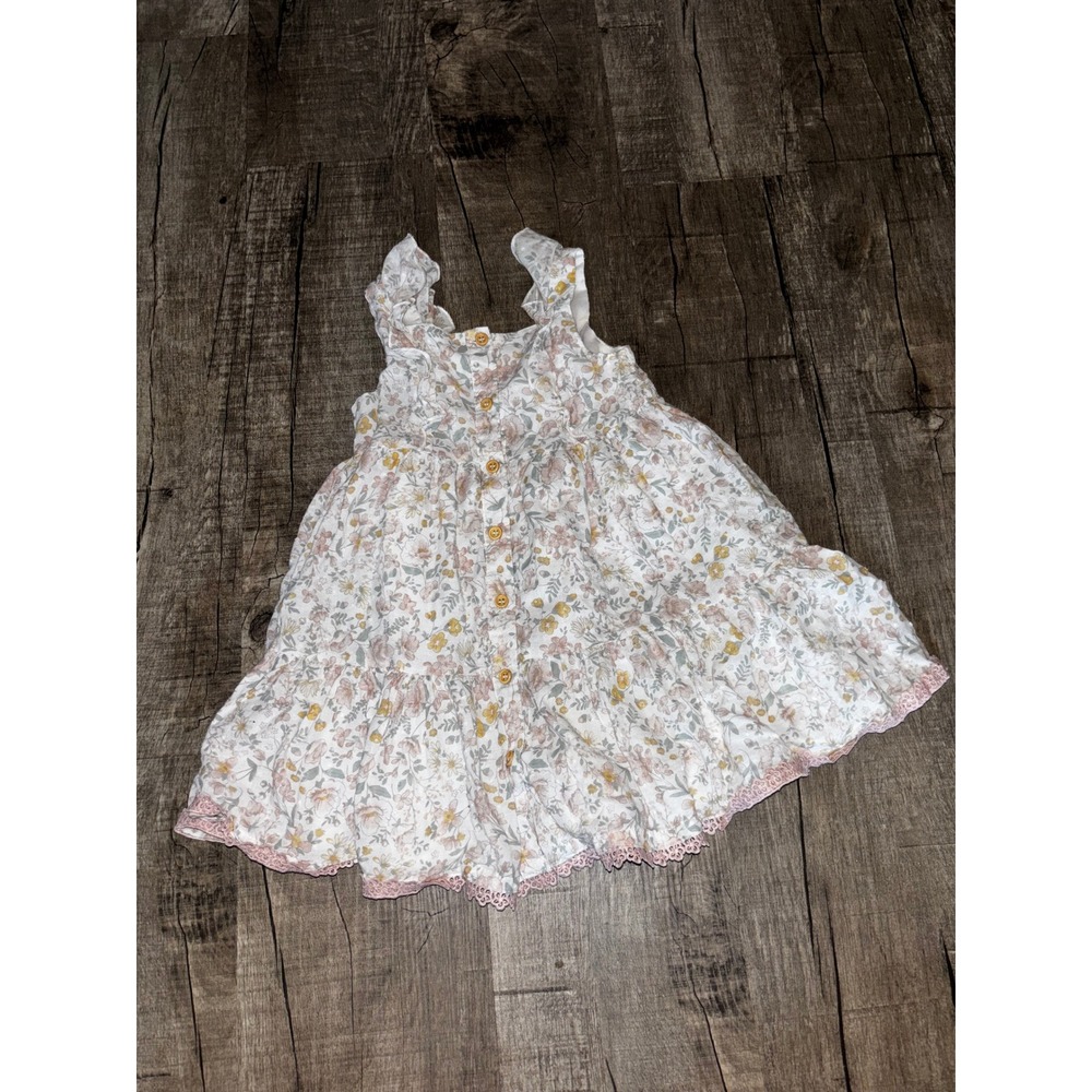 Shabby Chic Girls Floral Tiered Dress White Pink Yellow Cotton Lace Trim 4T